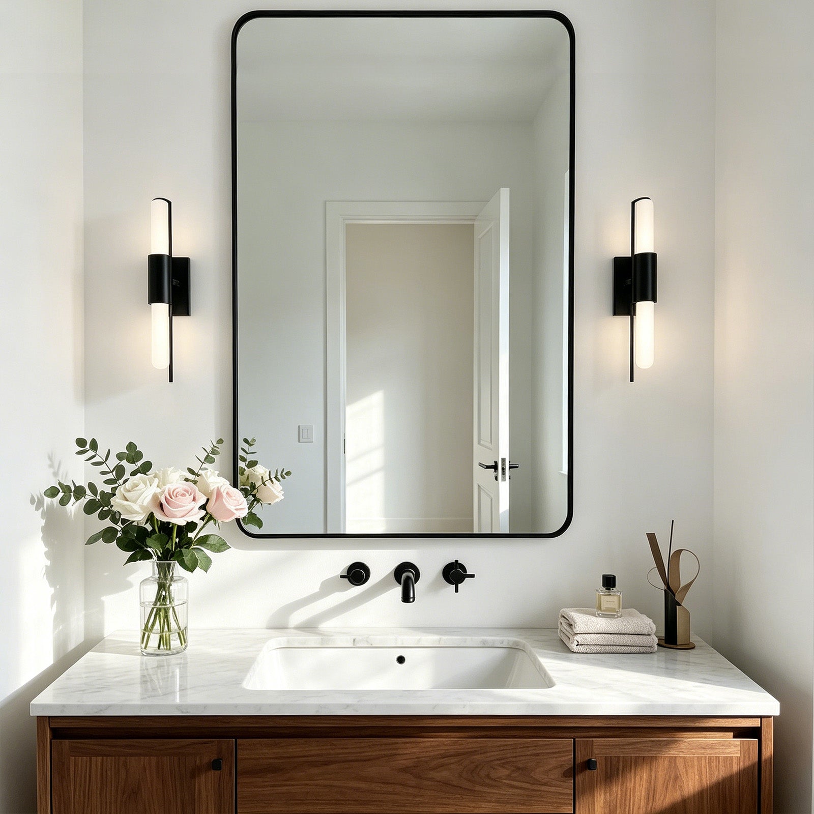 Modern Rounded Rectangle Mirror for Bathroom/ Vanity/ Wall | Stainless Steel Frame
