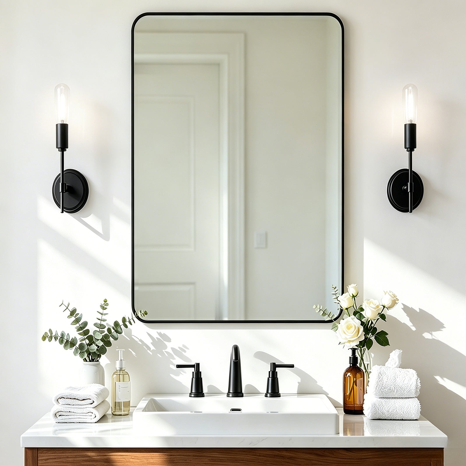 Modern Rounded Rectangle Mirror for Bathroom/ Vanity/ Wall | Stainless Steel Frame