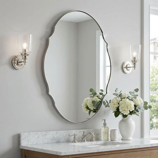 Contemporary Oval Scalloped Wall Mirror Irregular Bathroom Vanity Mirror| Stainless Steel Frame