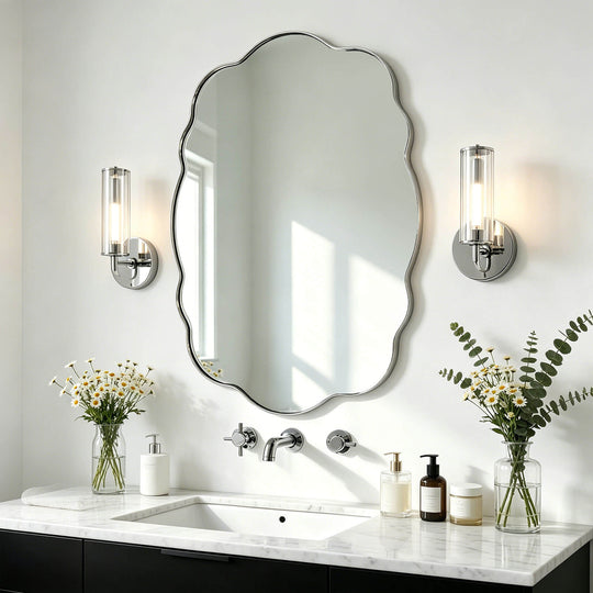 Contemporary Wavy Oval Scalloped Bathroom Vanity Mirror  Irregular Organic Mirror| Stainless Steel Framed