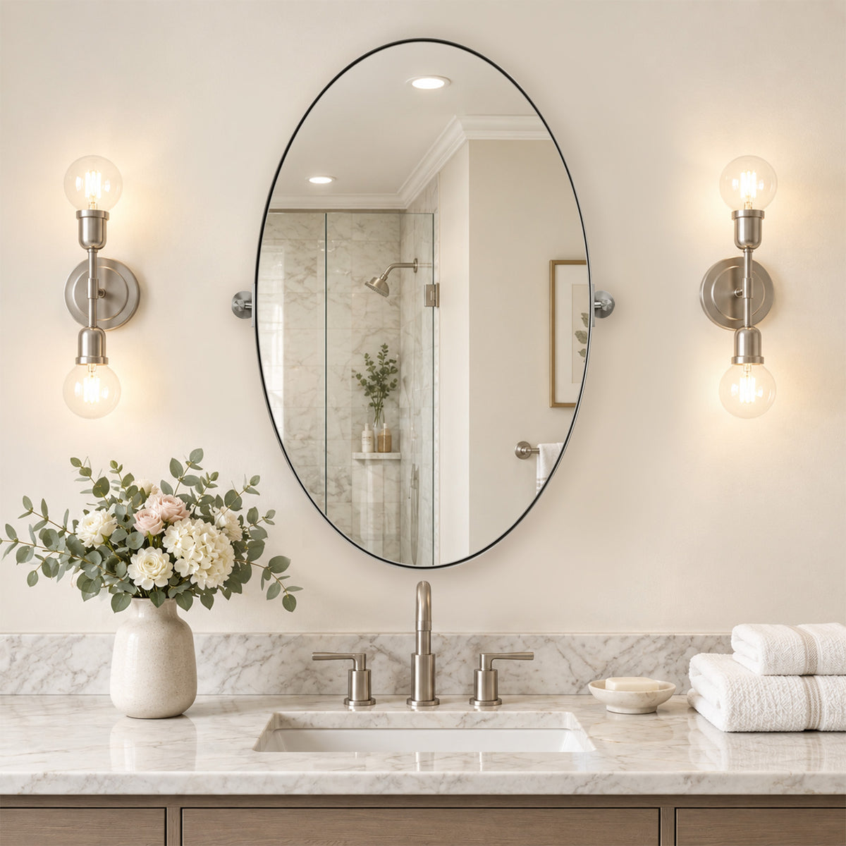 Oval Pivot Mirrors Adjustable Tilting Angle Floating  Bathroom Mirror| Stainless Steel Framed