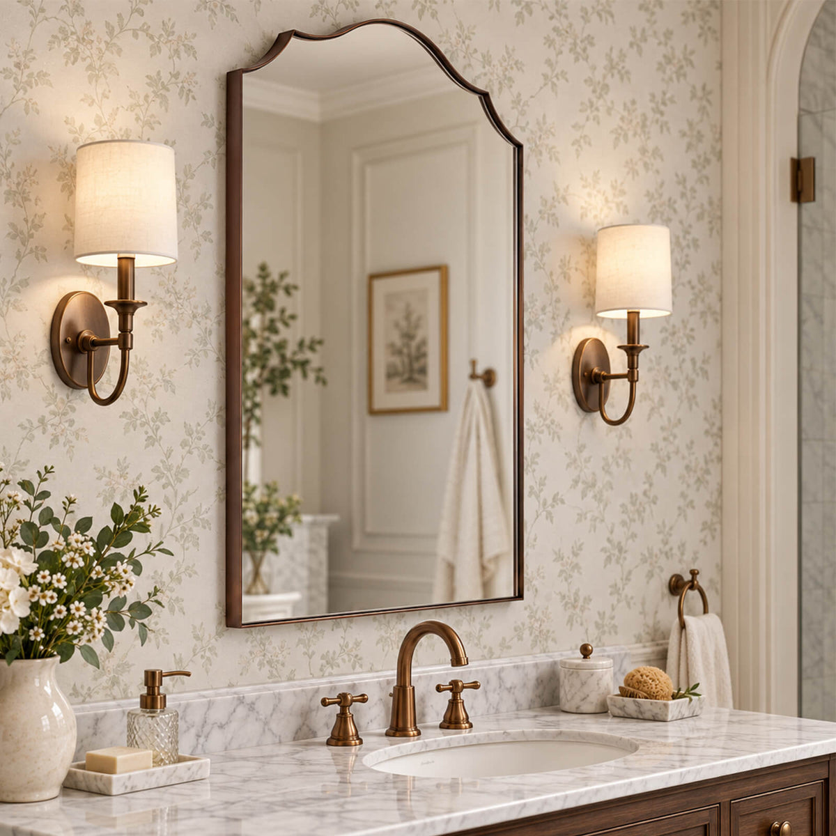 Contemporary Arched Curved Scalloped Mirror Bathroom Vanity Mirror | Stainless Steel Frame