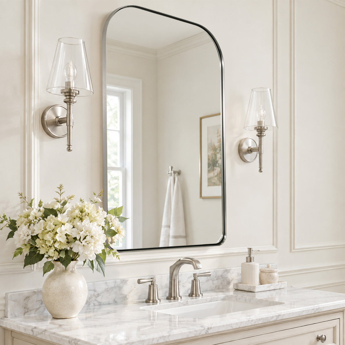 Modern Mantel Wide Arch Rectangle Bathroom Vanity  Mirror | Stainless Steel Frame