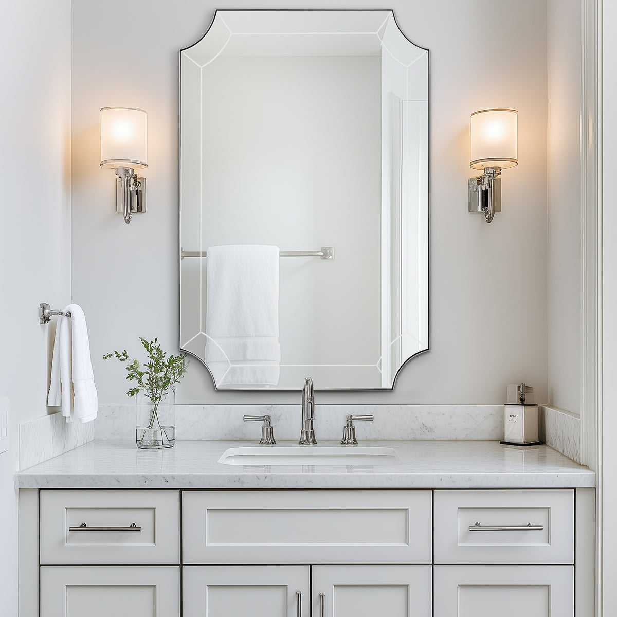 Modern Glass Tiles Edge Cut Corner Scalloped Bathroom Vanity Mirrors | Stainless Steel Frame