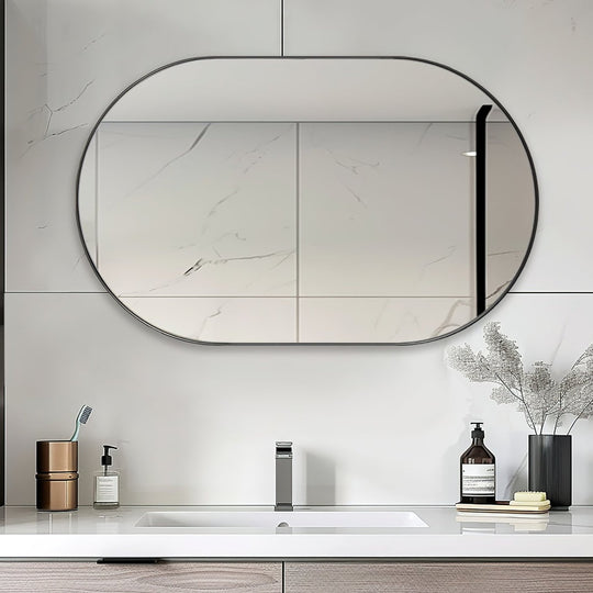 Contemporary Pill / Capsule Shaped Bathroom Wall Mirrors | Stainless Steel Framed