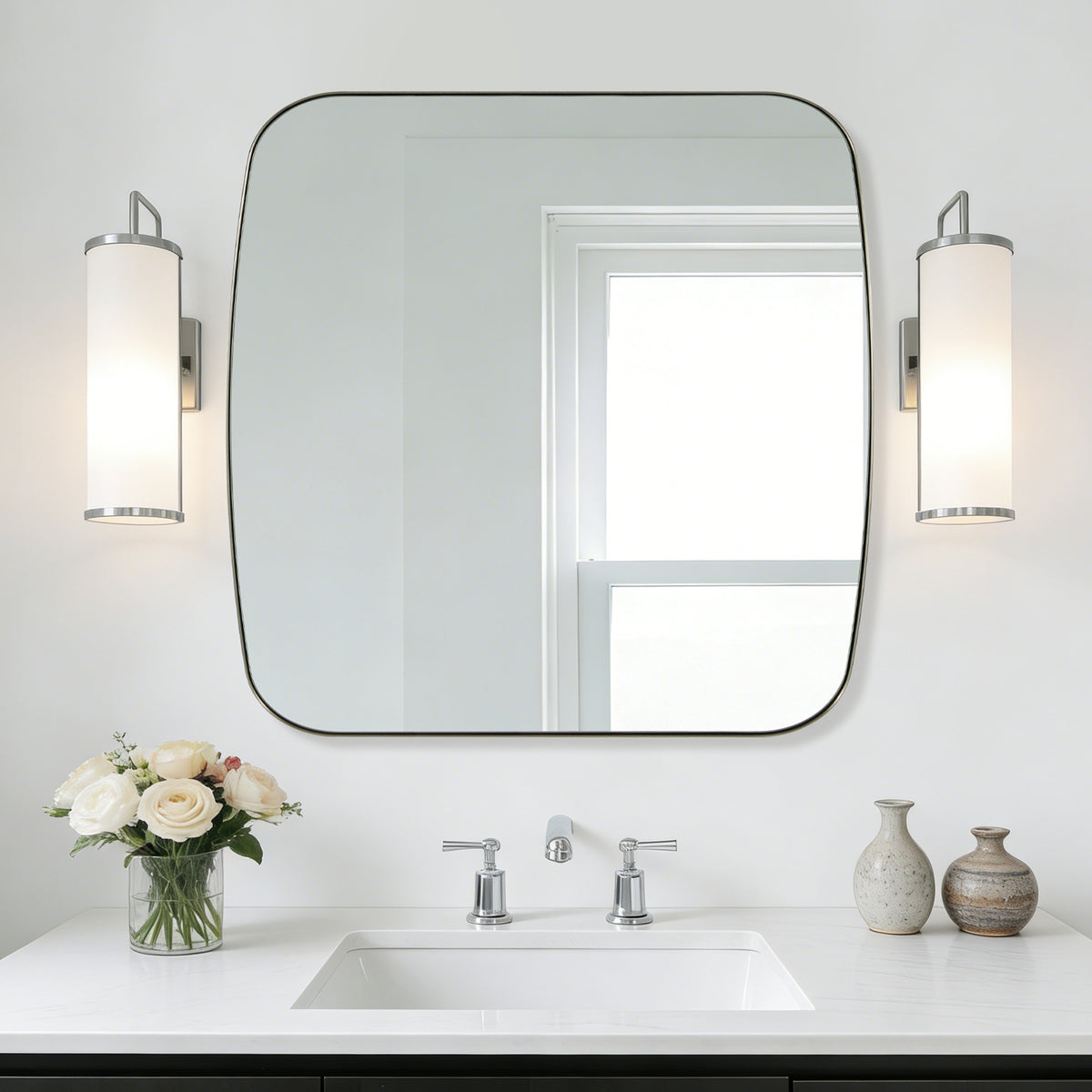 Modern Oval Oblong Bathroom Vanity Mirror | Stainless Steel Frame