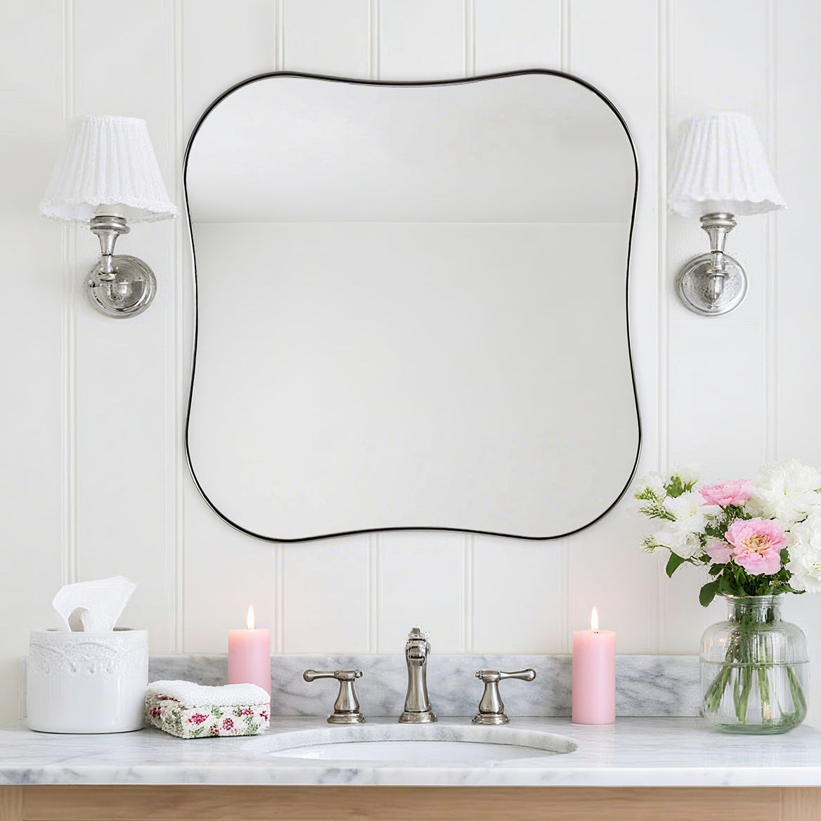 Contemporary Square Scalloped Bathroom Mirrors | 30Inch,Stainless Steel Framed