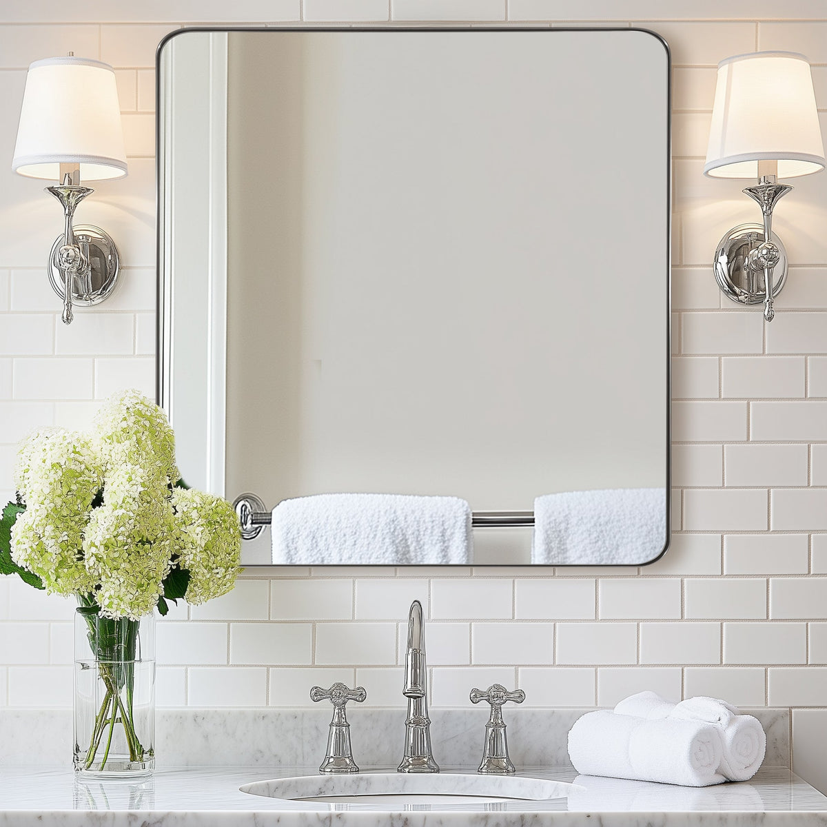 Open Box Like New : Modern Rounded Rectangle Mirror for Bathroom/ Vanity/ Wall | Stainless Steel Frame