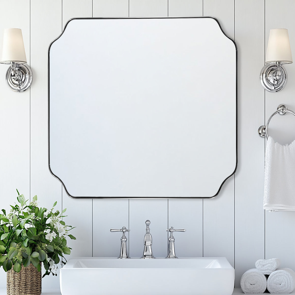 Contemporary Notched Corner Rectangle Scalloped Mirror for Wall /Bathroom | Stainless Steel Frame