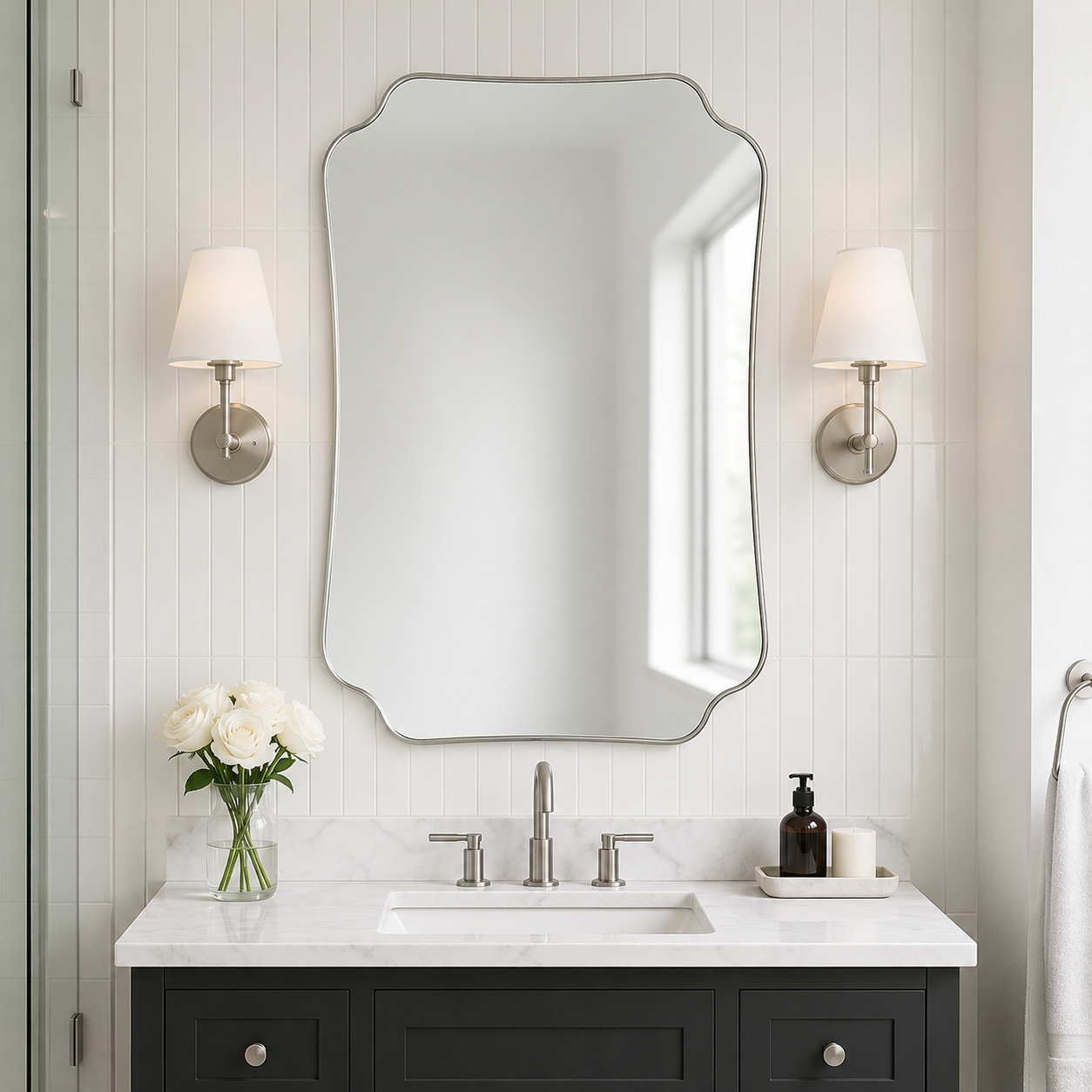 Contemporary Cut Corner Concave Edge Scalloped Bathroom Mirror | Stainless Steel Frame