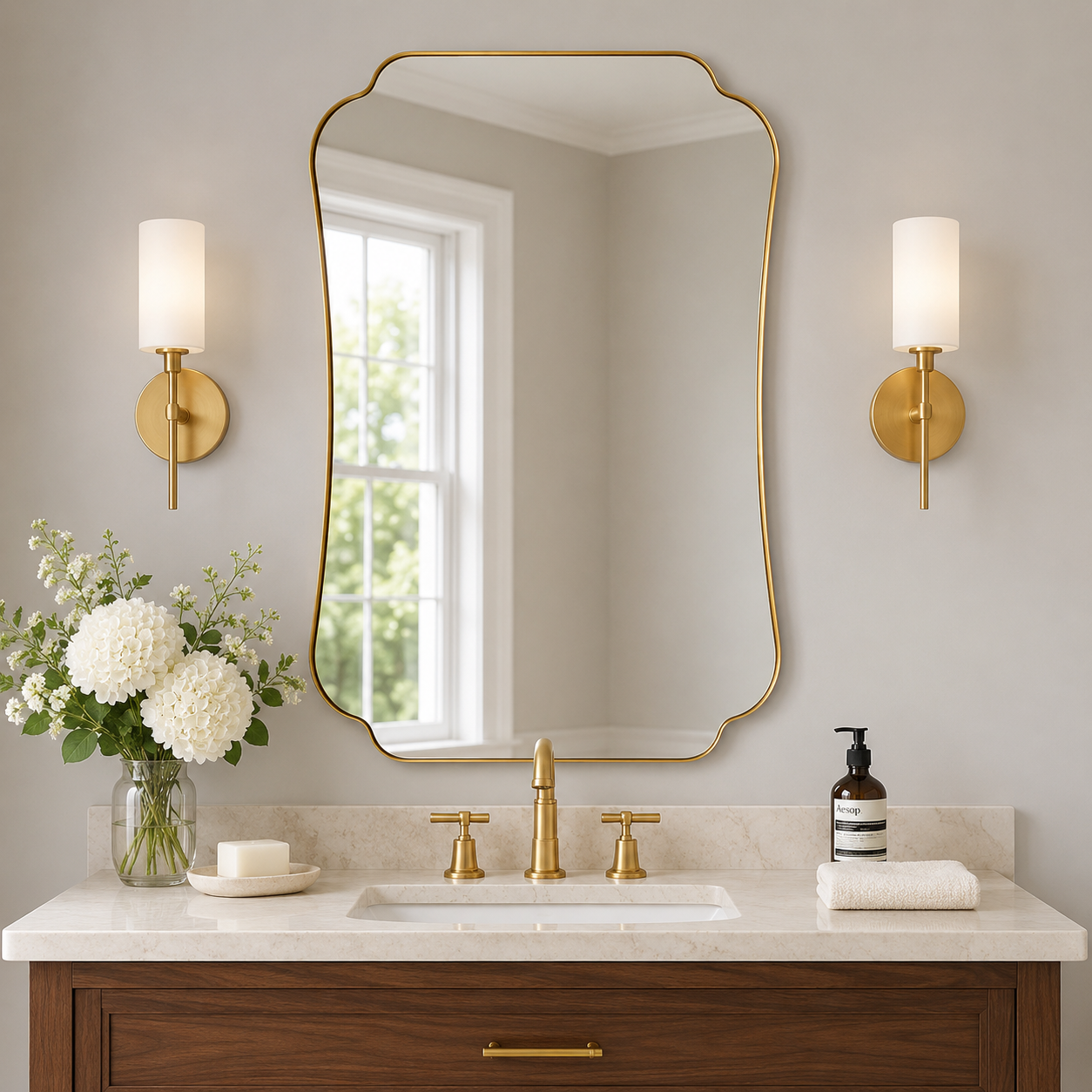 Contemporary Cut Corner Concave Edge Scalloped Bathroom Mirror | Stainless Steel Frame
