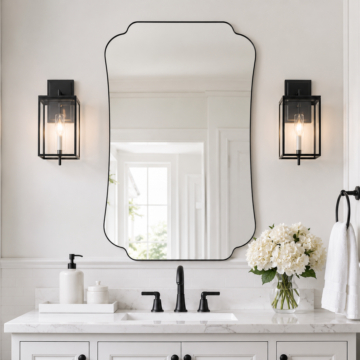 Contemporary Cut Corner Concave Edge Scalloped Bathroom Mirror | Stainless Steel Frame