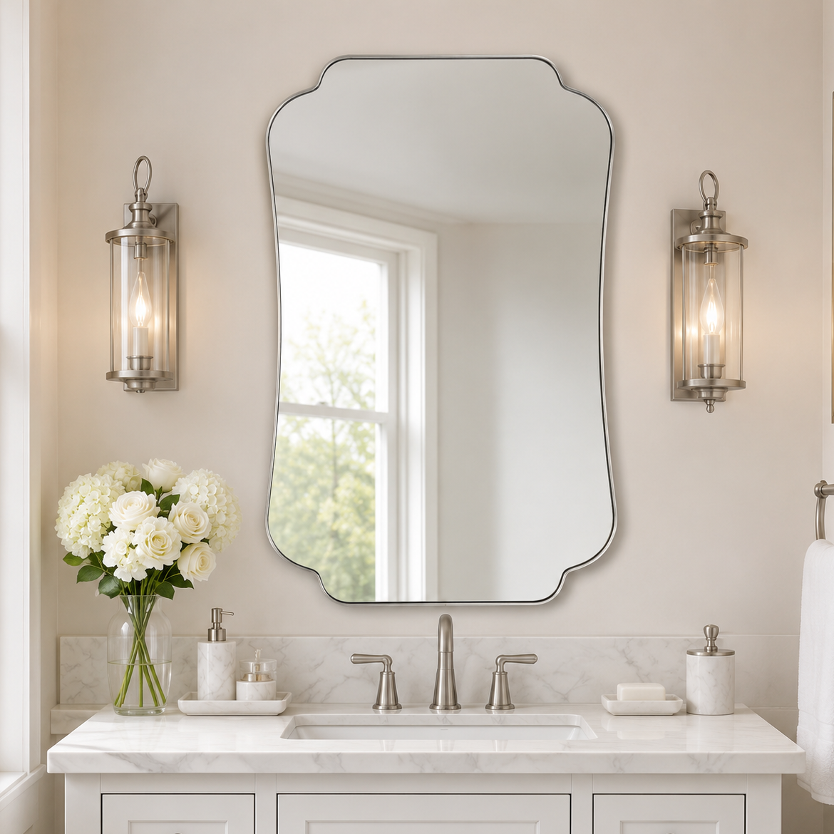 Contemporary Cut Corner Concave Edge Scalloped Bathroom Mirror | Stainless Steel Frame