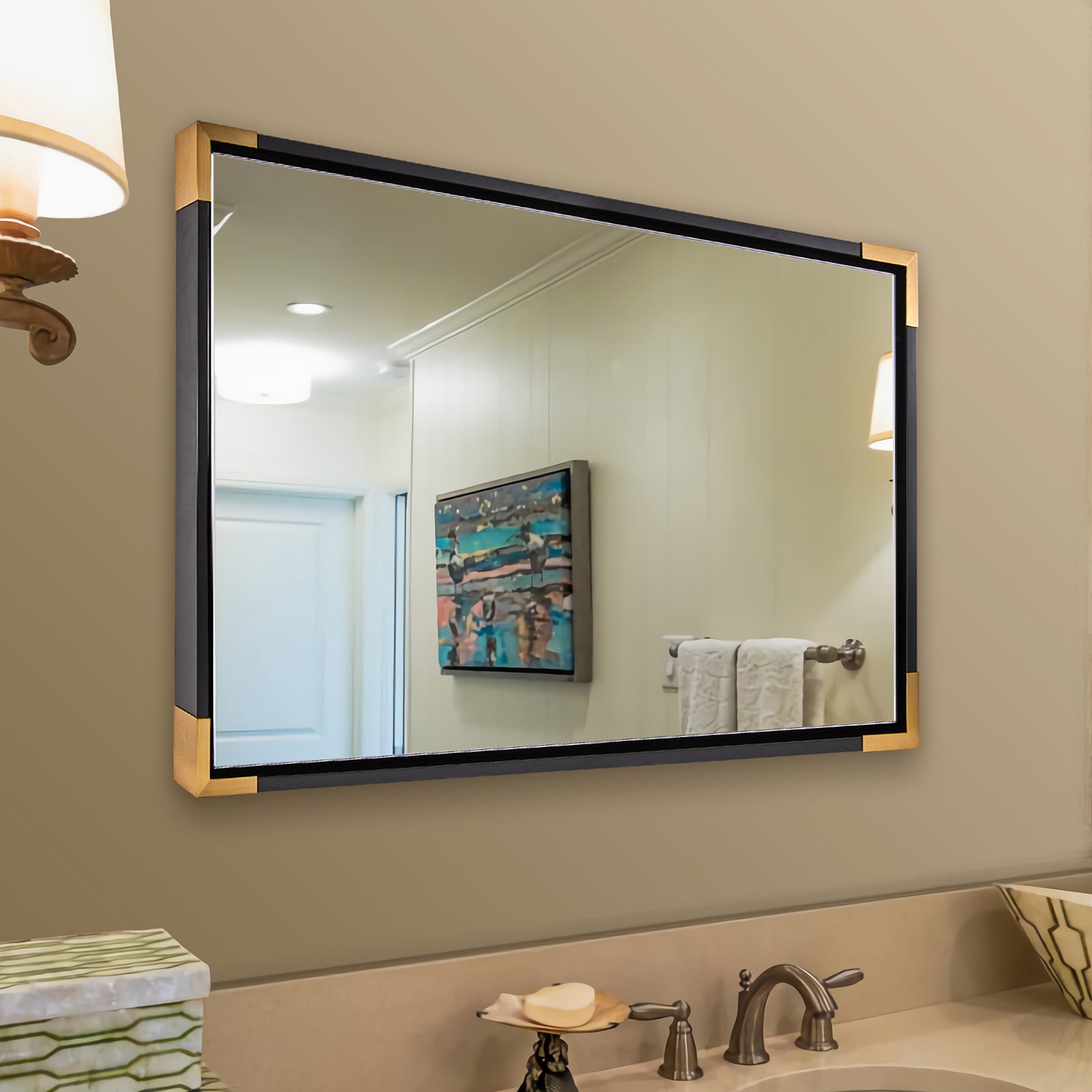 Rustic Black Pine Wooden Rectangle Wall Mirrors, Gold Corner Rectangular Mirror