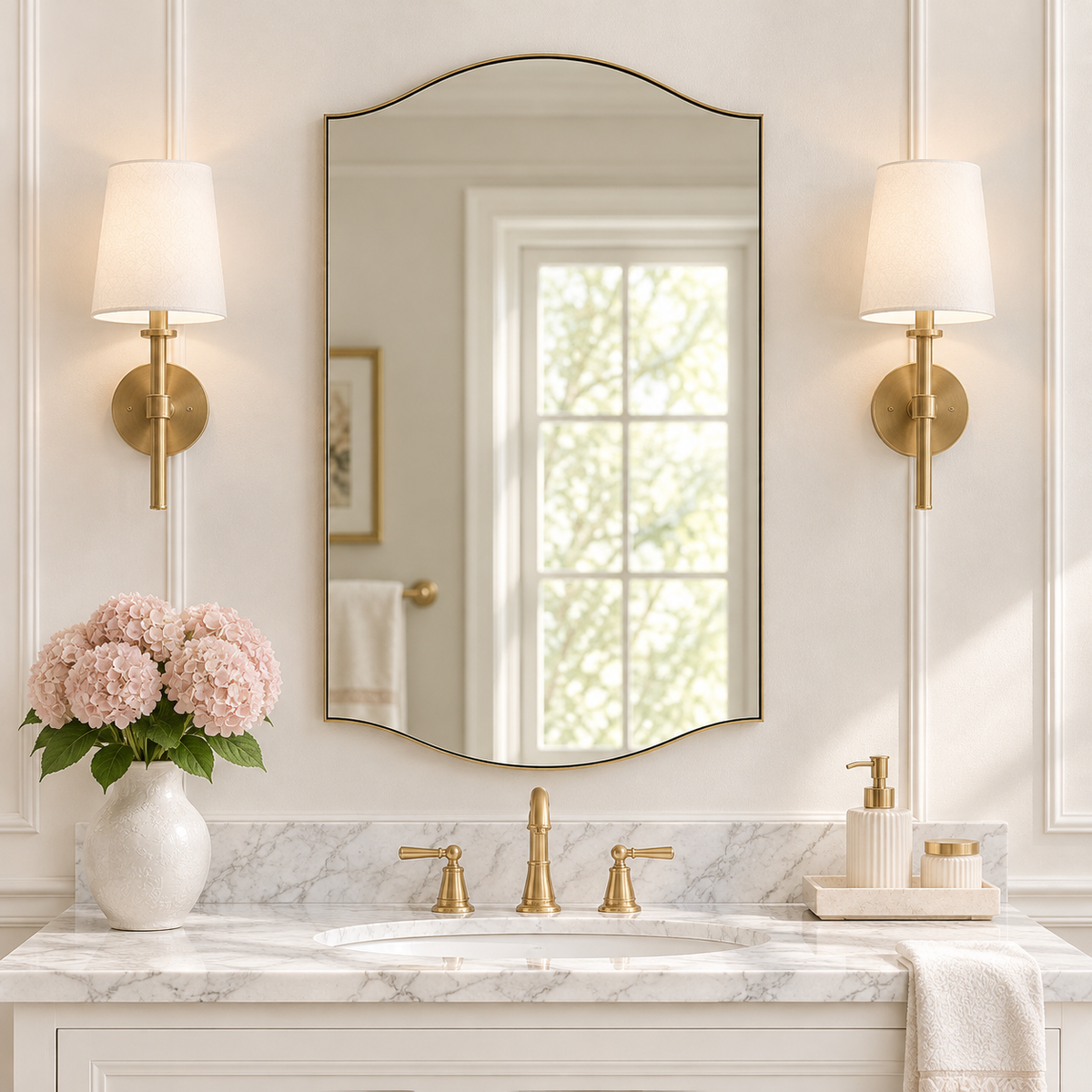 Dual Curve Arch Rectangular Scalloped  Bathroom Wall Mirror |Stainless Steel Framed