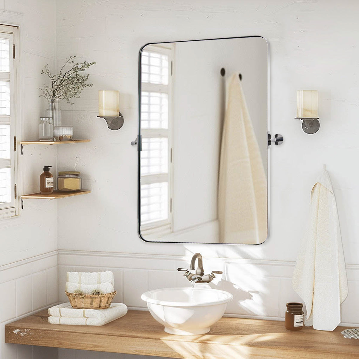 Open Box Like New: Tilting Pivot Rectangular Bathroom Mirrors | Stainless Steel Frame