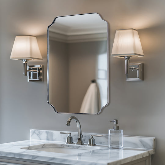 Contemporary Rounded Notched Corner Irregular Scalloped Mirror for Wall /Bathroom | Stainless Steel Frame