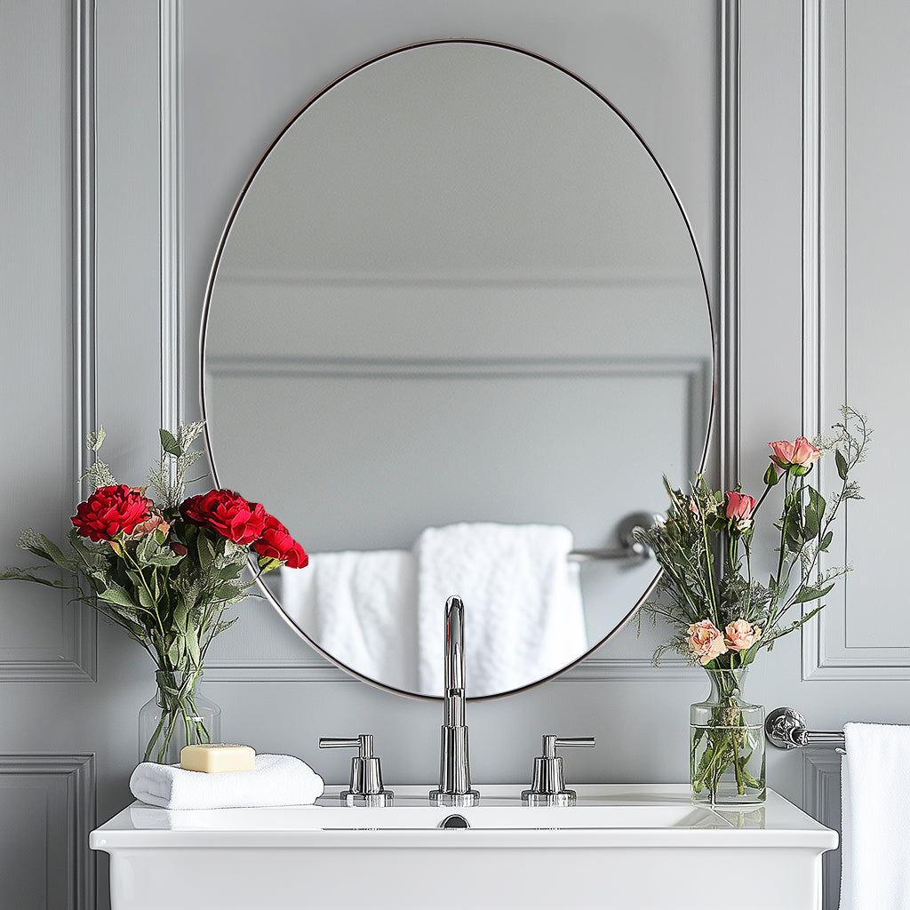 Open Box Like New: Modern Oval Bathroom Wall Mirrors |Stainless Steel Framed