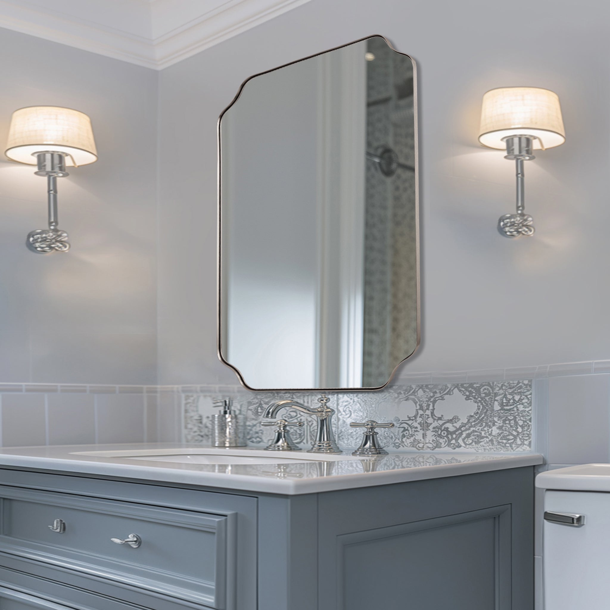 Contemporary Rounded Notched Corner Irregular Scalloped Mirror for Wall /Bathroom | Stainless Steel Frame