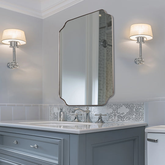 Contemporary Rounded Notched Corner Irregular Scalloped Mirror for Wall /Bathroom | Stainless Steel Frame