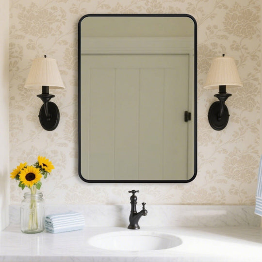 Modern Bold Stainless Steel Framed Rounded Rectangular Bathroom Wall Mirror