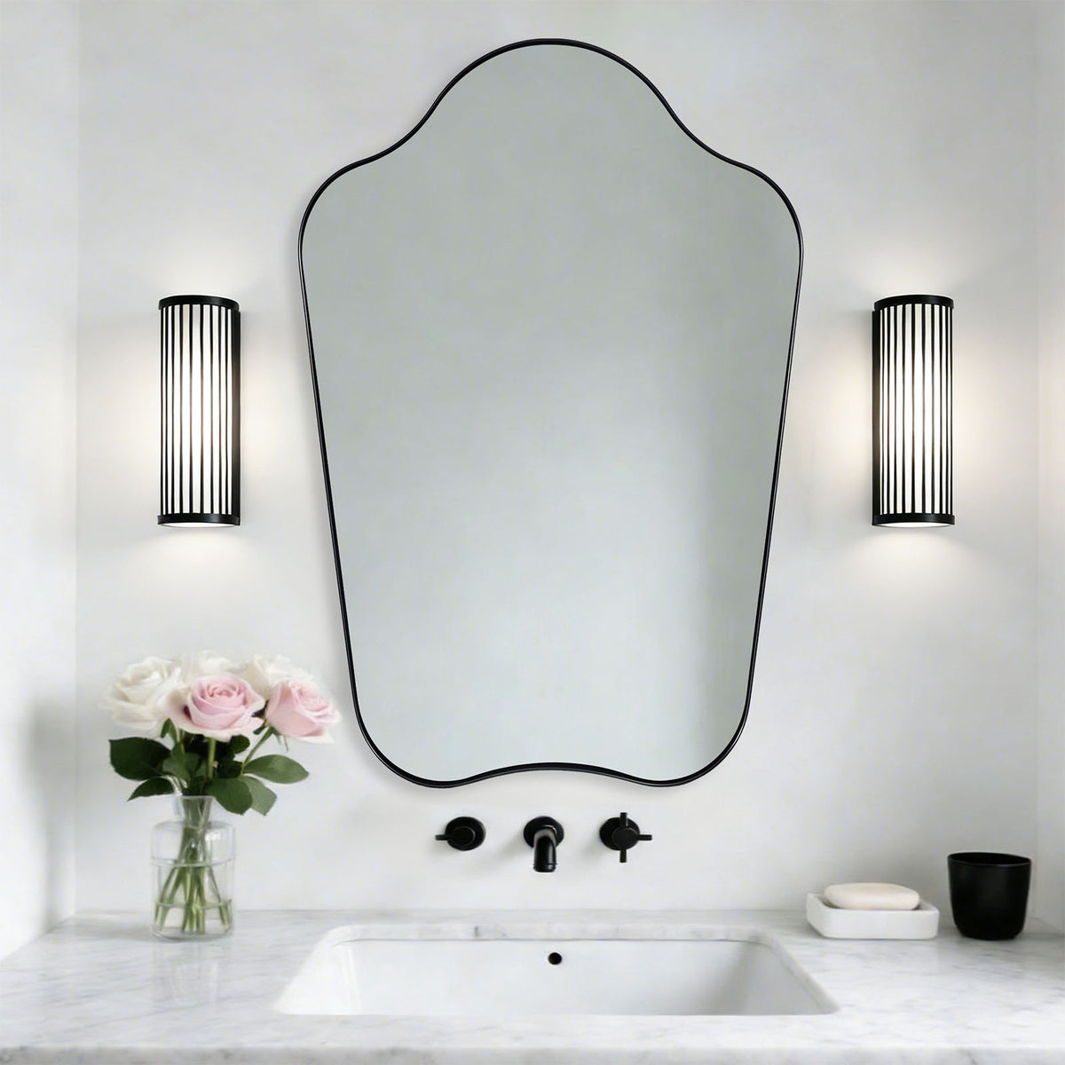 Contemporary Curved Top Arch Scalloped Bathroom Wall Mirror | Stainless Steel Frame