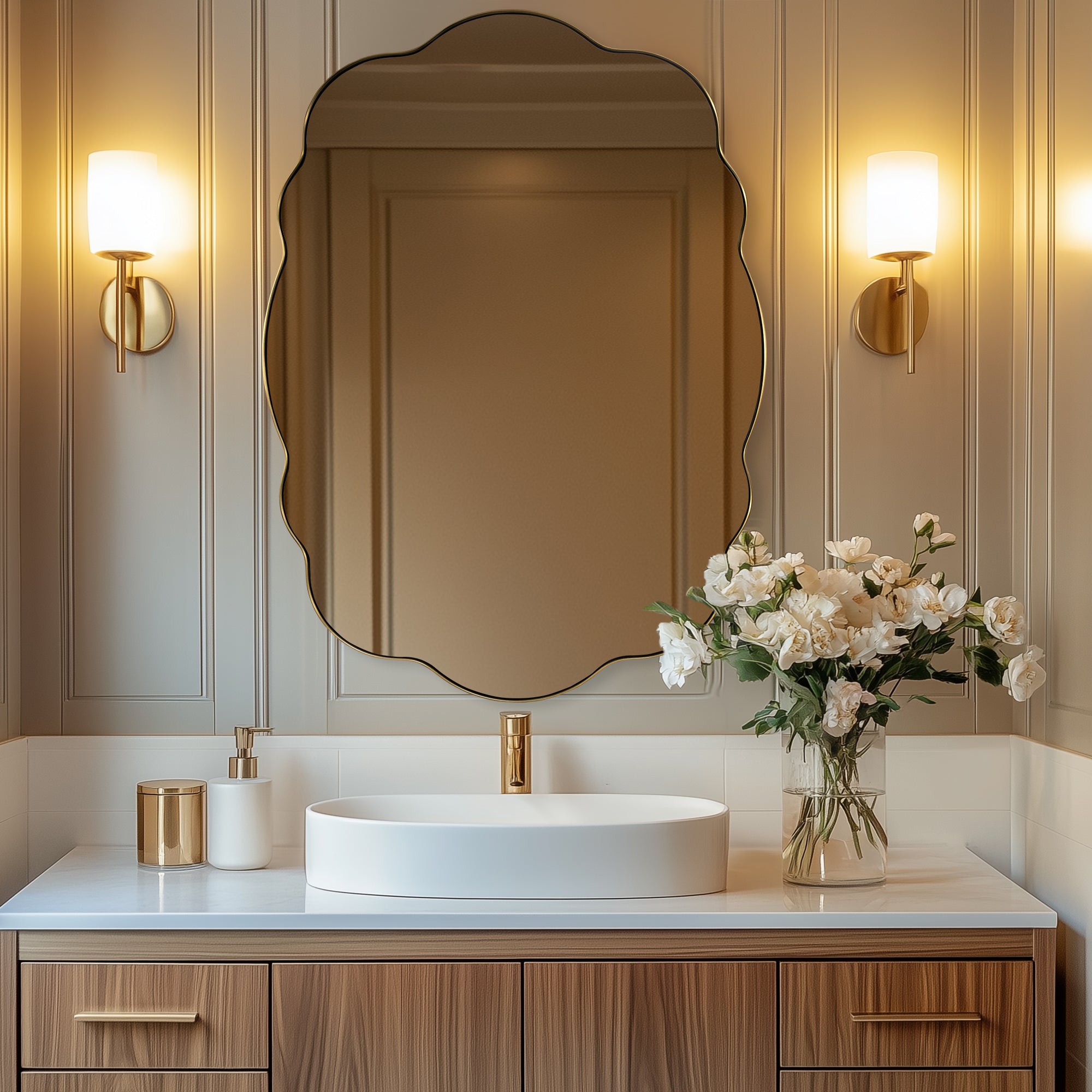 Contemporary Wavy Oval Scalloped Bathroom Vanity Mirror  Irregular Decorative Mirror| Stainless Steel Framed