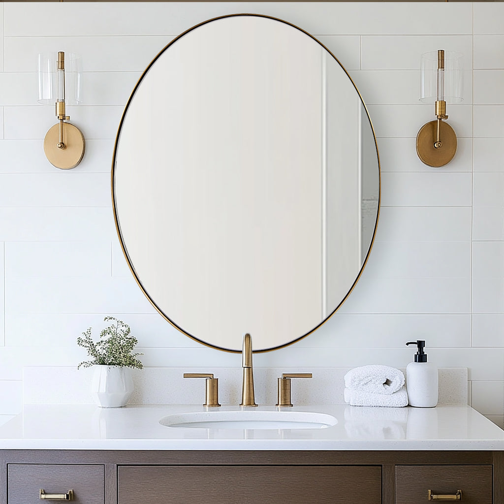 Open Box Like New:  Modern Oval Wall Mounted Mirror for Bathroom Living Room | Stainless Steel Framed