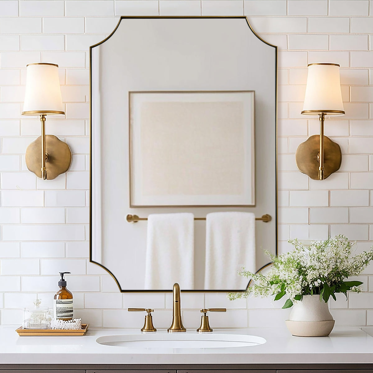 Modern Cut Corner Scalloped  Rectangle Bathroom Vanity Mirror | Stainless Steel Frame