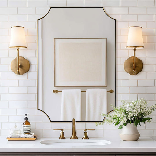 Contemporary Notched Corner Scalloped  Rectangle Bathroom Vanity Mirror | Stainless Steel Frame