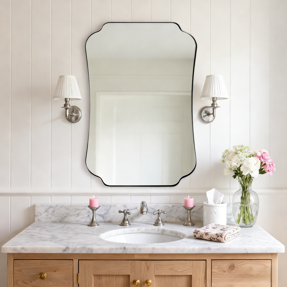 Contemporary Cut Corner Concave Edge Scalloped Bathroom Mirror | Stainless Steel Frame