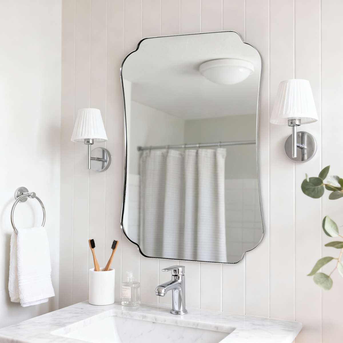 Contemporary Cut Corner Concave Edge Scalloped Bathroom Mirror | Stainless Steel Frame