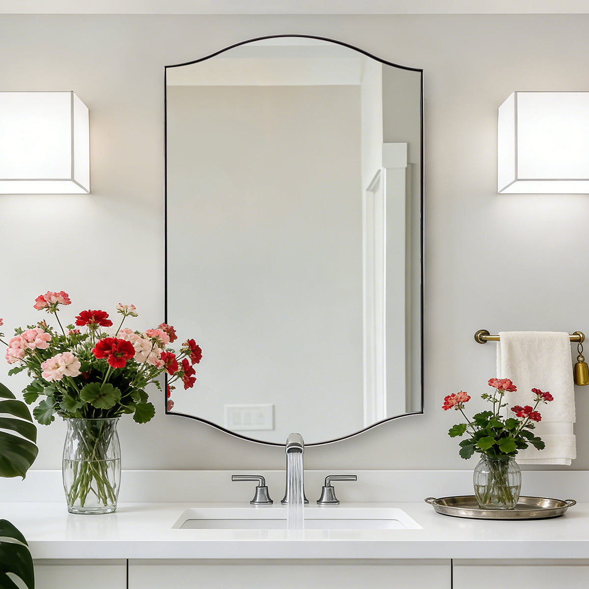 Dual Curve Arch Rectangular Scalloped  Bathroom Wall Mirror |Stainless Steel Framed