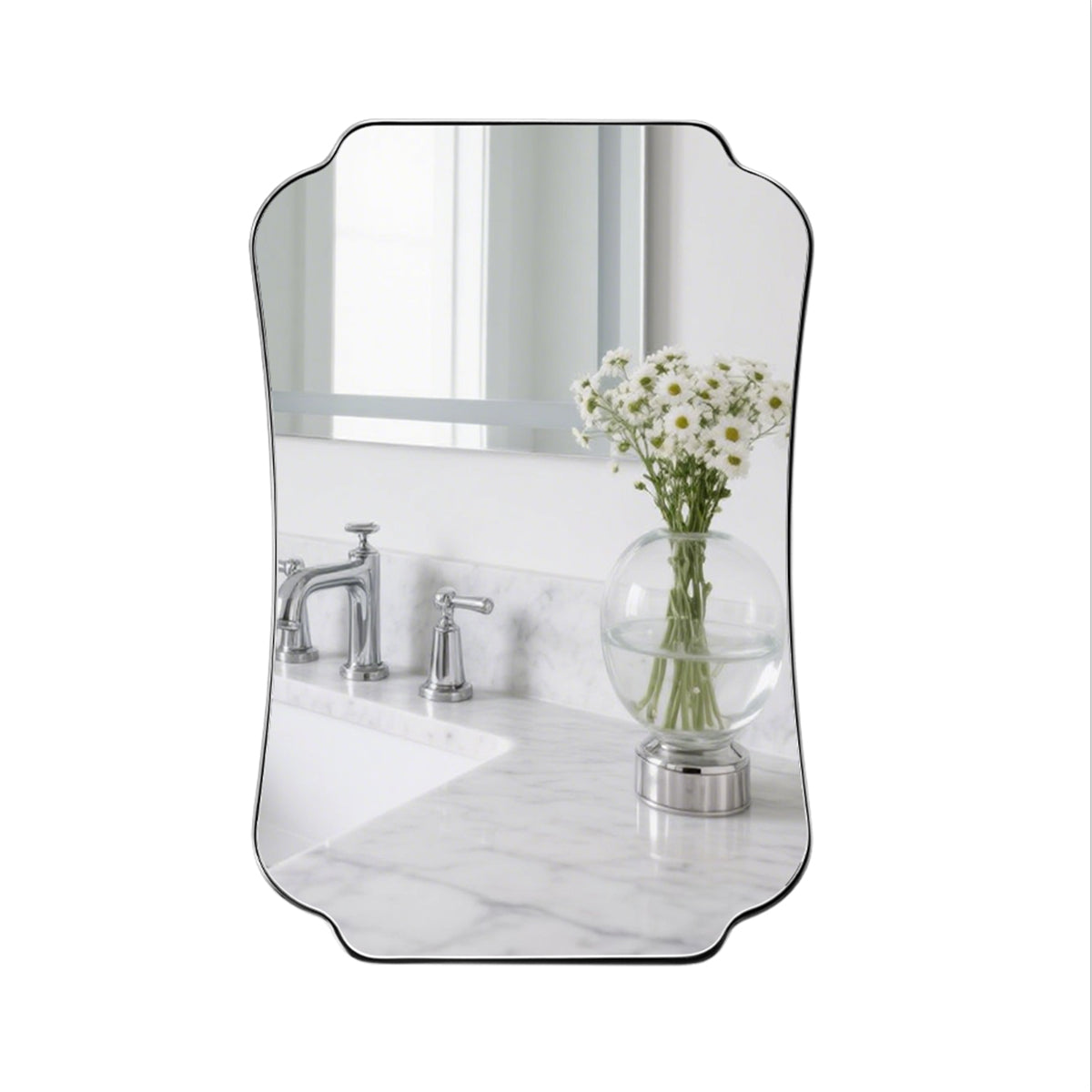 Contemporary Cut Corner Concave Edge Scalloped Bathroom Mirror | Stainless Steel Frame