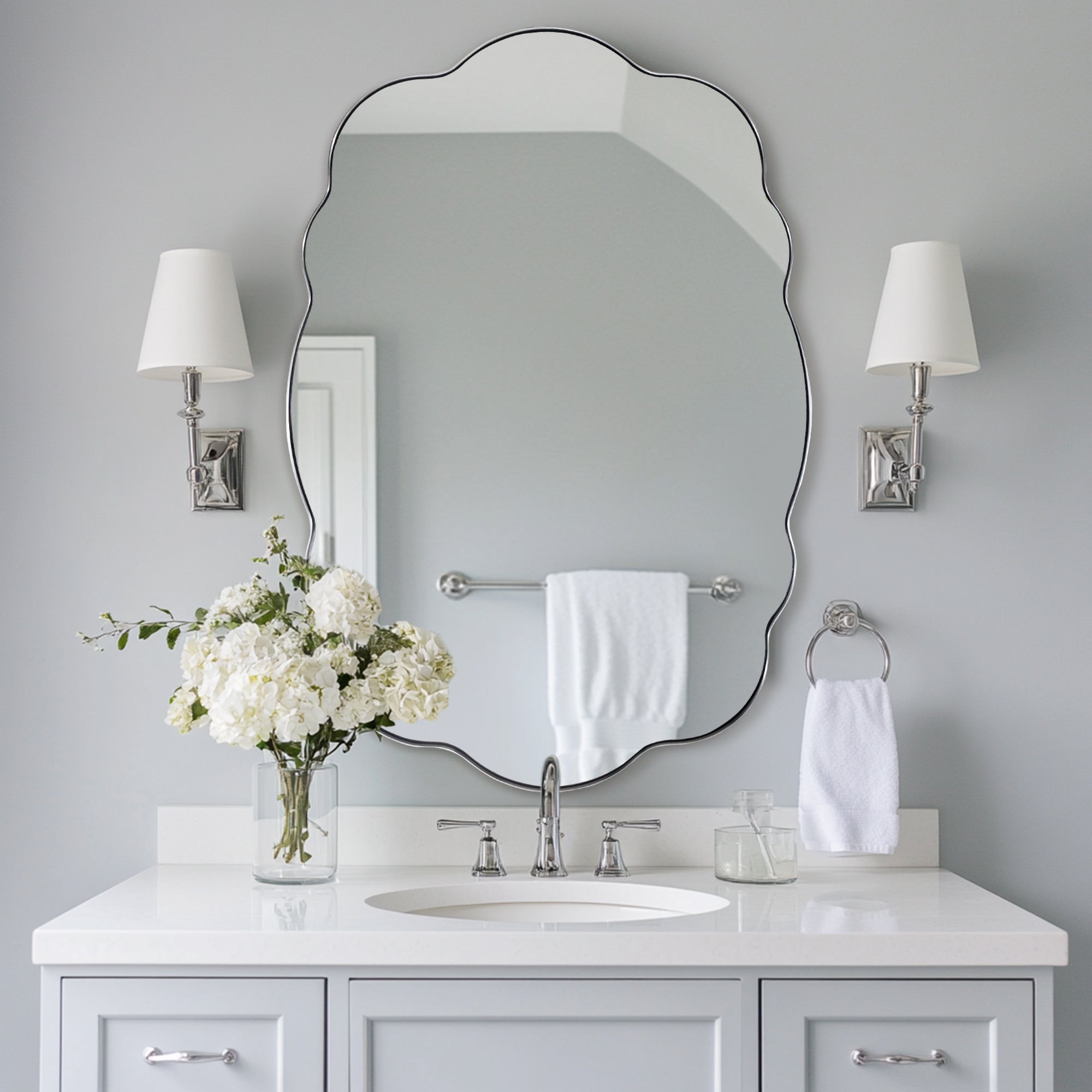 Contemporary Wavy Oval Scalloped Bathroom Vanity Mirror  Irregular Decorative Mirror| Stainless Steel Framed