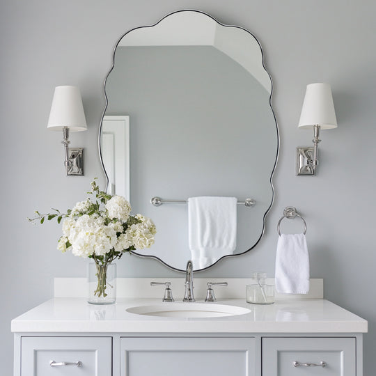 Contemporary Wavy Oval Scalloped Bathroom Vanity Mirror  Irregular Organic Mirror| Stainless Steel Framed