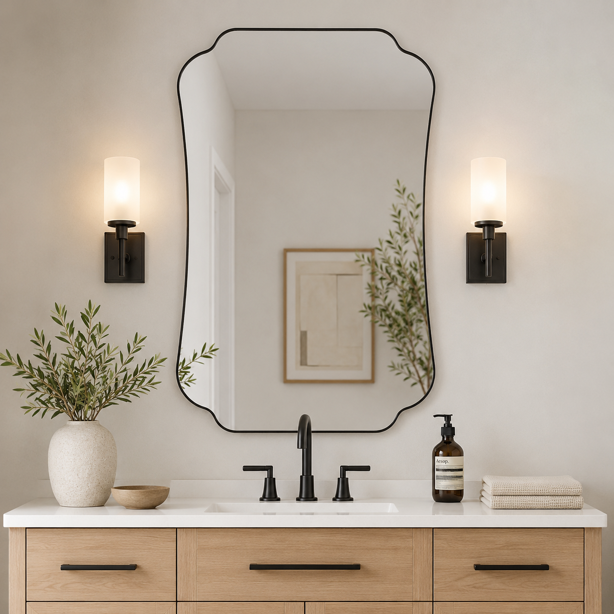 Contemporary Cut Corner Concave Edge Scalloped Bathroom Mirror | Stainless Steel Frame