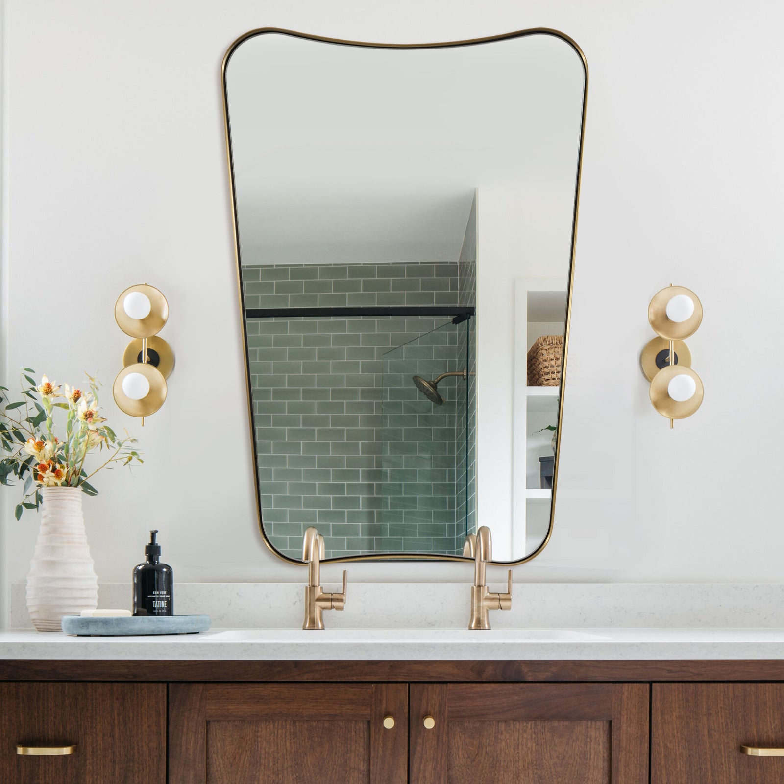 Concave Top Rectangular Scalloped Mirror, Brushed Gold