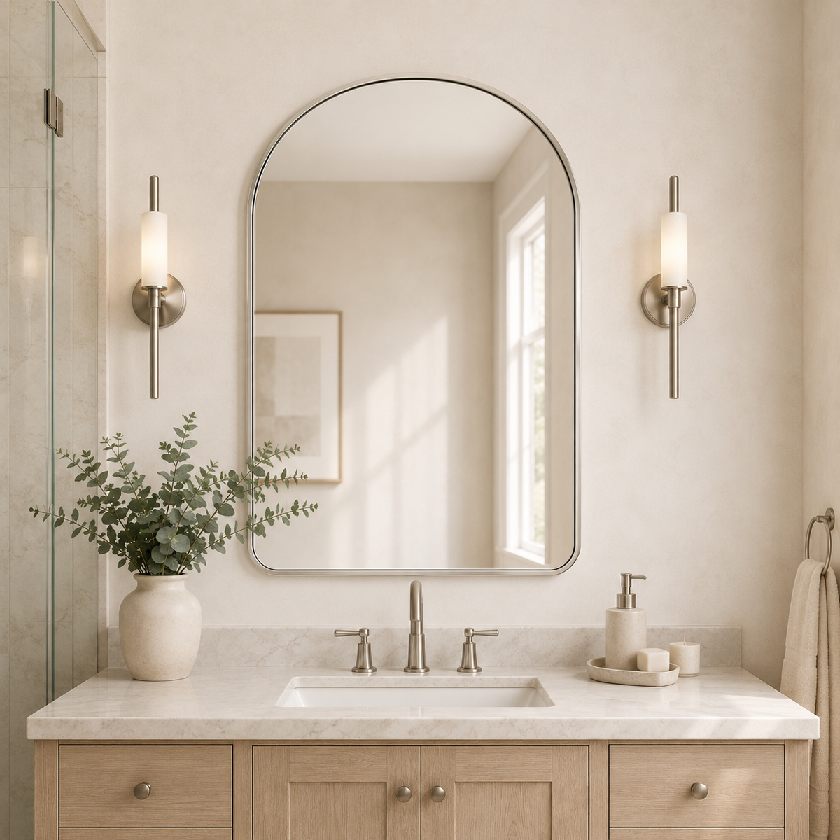 Open Box Like New : Contemporary Bold Metal Framed Arched Wall Bathroom Mirrors