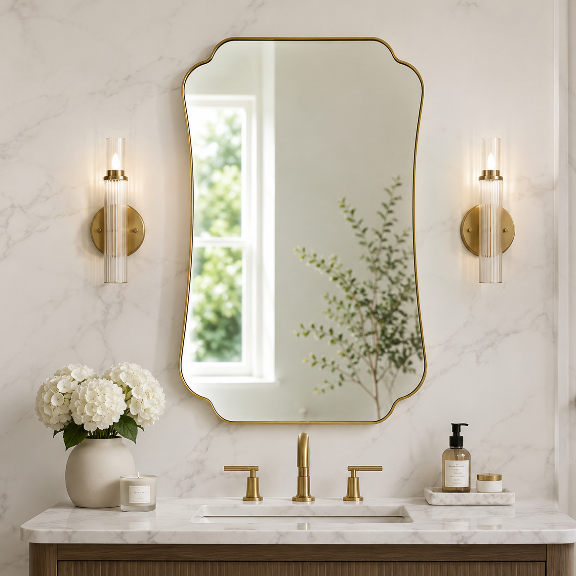 Contemporary Cut Corner Concave Edge Scalloped Bathroom Mirror | Stainless Steel Frame