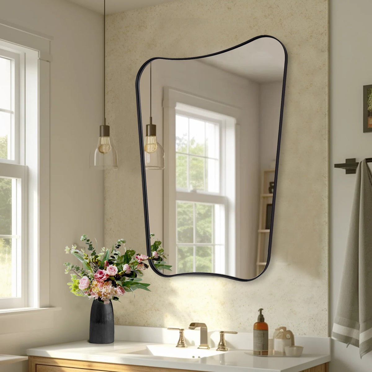 Concave Top Rectangle Irregular Scalloped Bathroom Vanity Mirror Asymmetrical Mirror in Stainless Steel Metal Frame