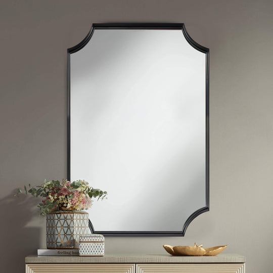 Contemporary  Notched Corner Scalloped  Rectangle Bathroom Wall Mirror | Stainless Steel Frame