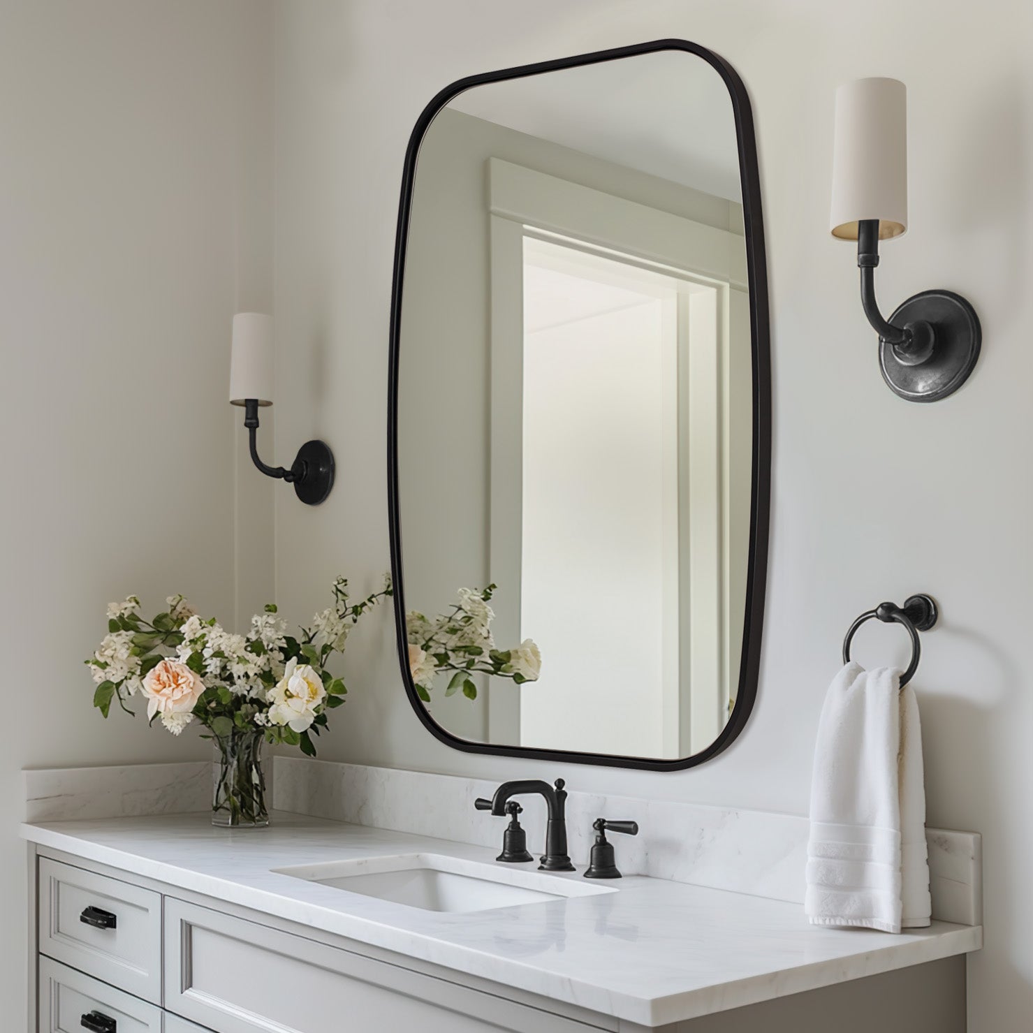 Contemporary Thick Framed Oblong Bathroom Mirror Long Oval Mirror | Stainless Steel Frame