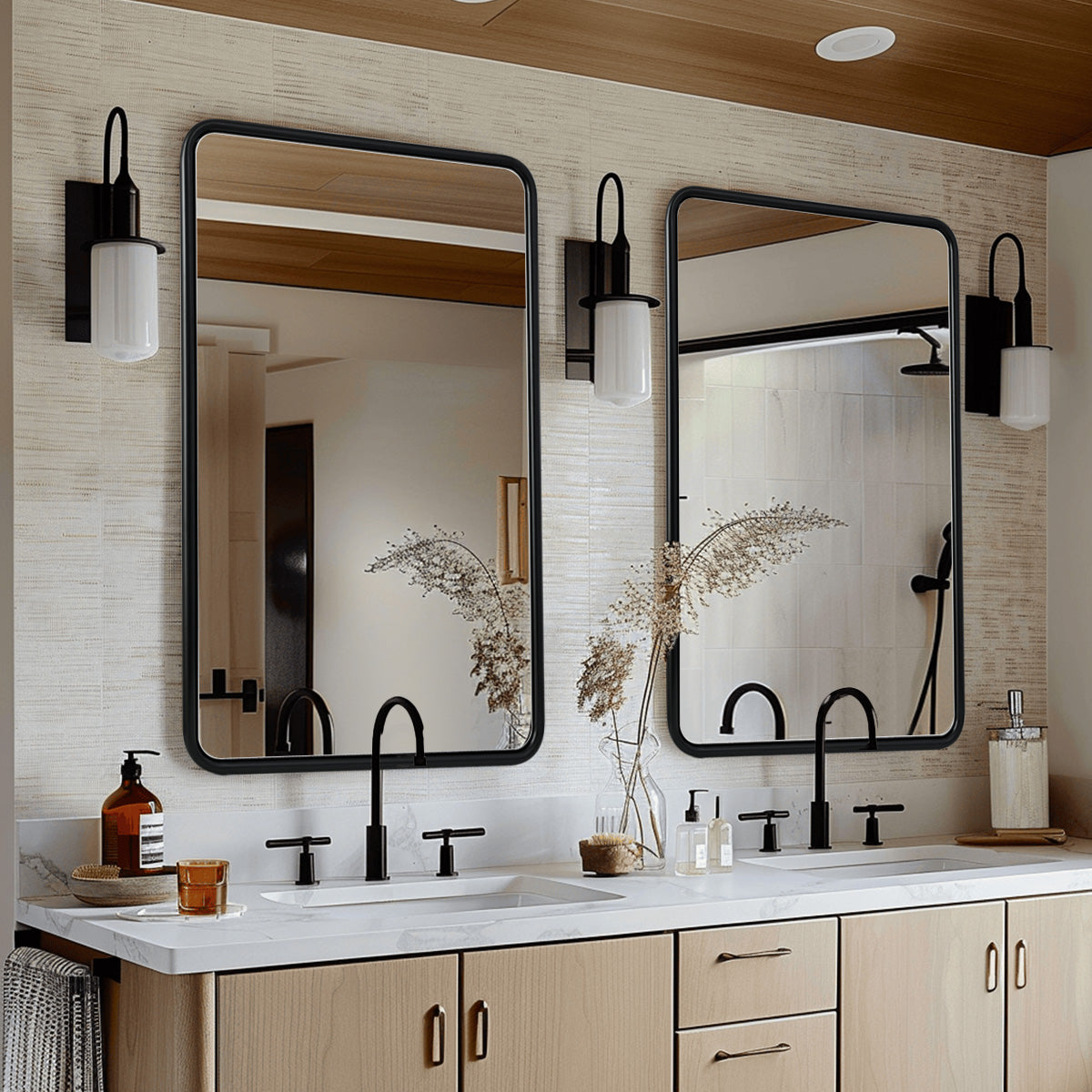 Modern Bathroom Mirror with Rounded Corners | Stainless Steel O-Tube Frame Design