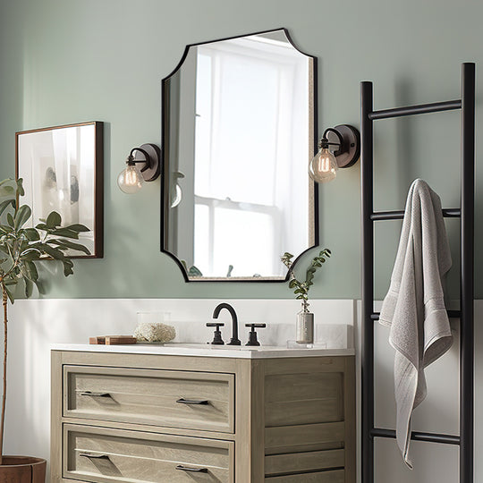 Contemporary  Notched Corner Scalloped  Rectangle Bathroom Wall Mirror | Stainless Steel Frame