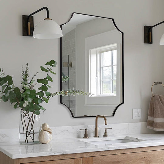 Contemporary  Notched Corner Scalloped  Rectangle Bathroom Wall Mirror | Stainless Steel Frame