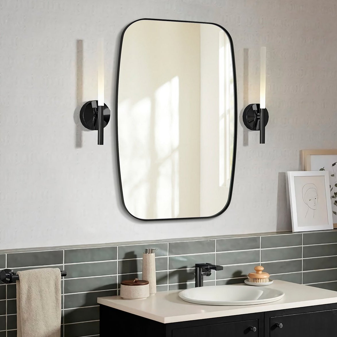 Modern Oblong Bathroom Mirror Long Oval Mirror | Stainless Steel Frame