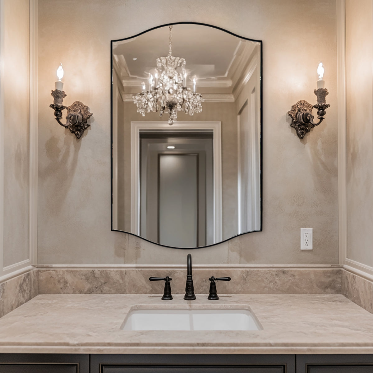 Dual Curve Arch Rectangular Scalloped  Bathroom Wall Mirror |Stainless Steel Framed