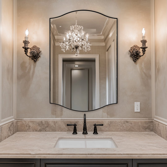 Dual Curve Arch Rectangular Scalloped  Bathroom Wall Mirror |Stainless Steel Framed