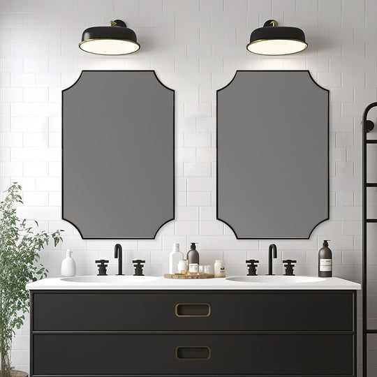 Contemporary  Notched Corner Scalloped  Rectangle Bathroom Wall Mirror | Stainless Steel Frame